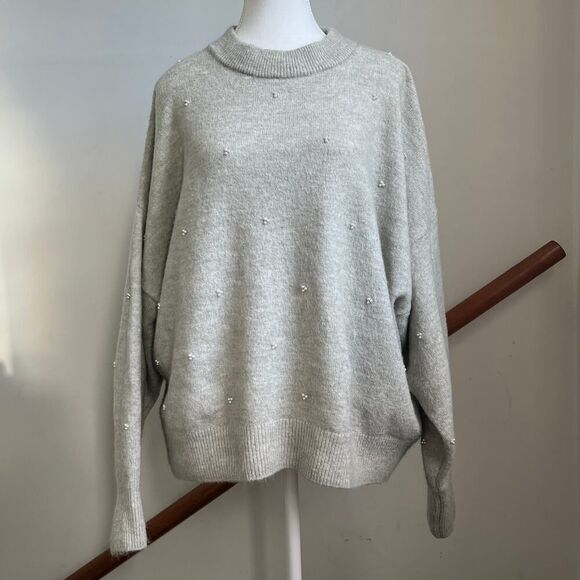 Chunky Oversized‎ Pearl Beaded Sweater Baggy Light Grey H&M Super Soft - Picture 1 of 8